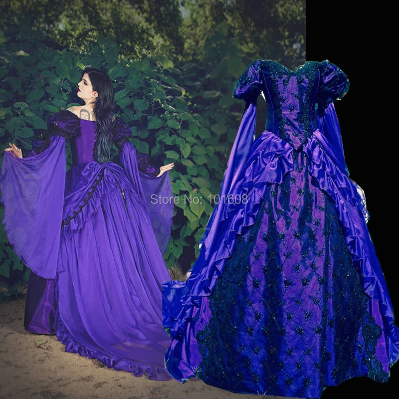 

Customed!Eras Purple satin Black Lace Duchess Halloween Costume Colonial Georgian Renaissance Gothic Historical dress HL-477