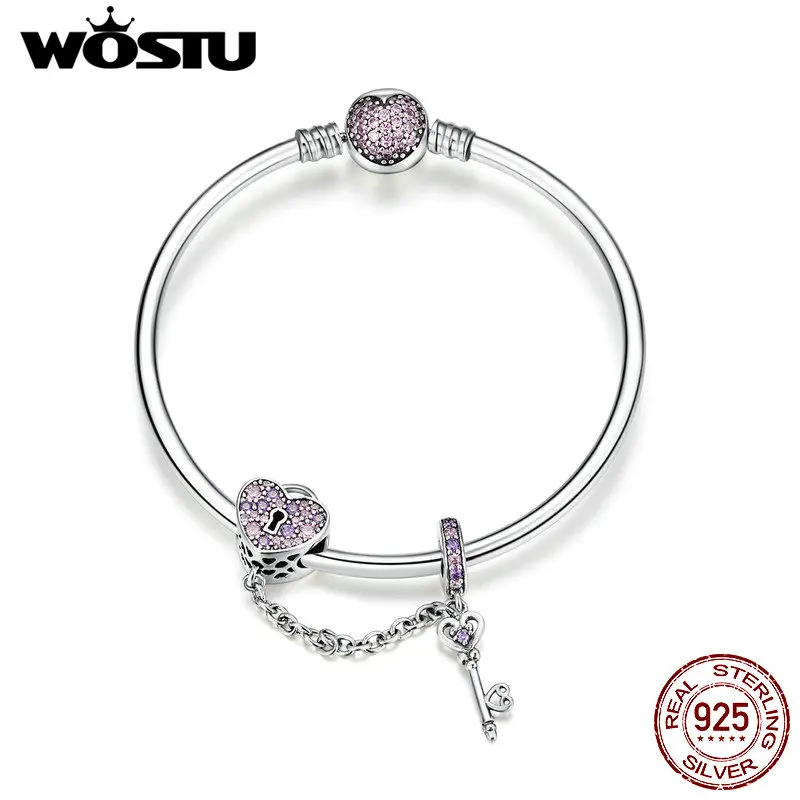 WOSTU Новое поступление 925 пробы серебро сердце замок бусы шарм браслеты для женщин