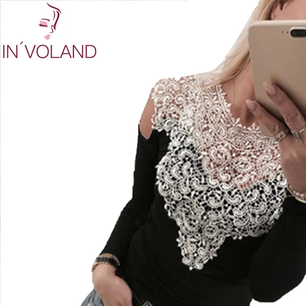Женская модная футболка с кружевом открытыми плечами длинным рукавом|Футболки| |