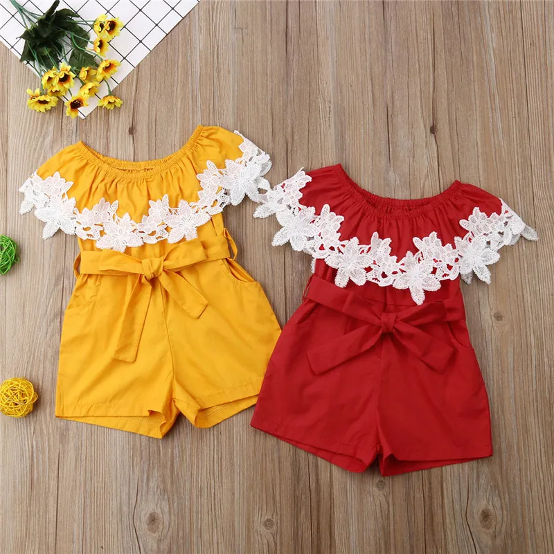 

0-24M Baby Girls Princess Romper 2019 Summer Baby Girls Lace Flower Romper Short Sleeve Lace-up Bow Jumpsuit Outfits Playsuit