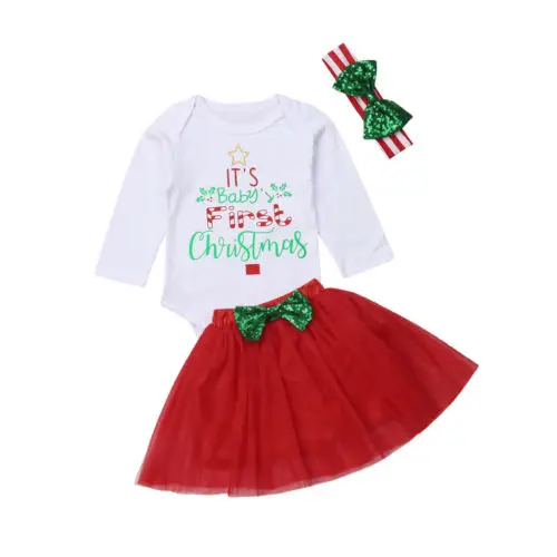 My First Christmas Baby Girls Clothes Infant Outfit Romper Tutu Skirts Headband 3PCS Set | Мать и ребенок