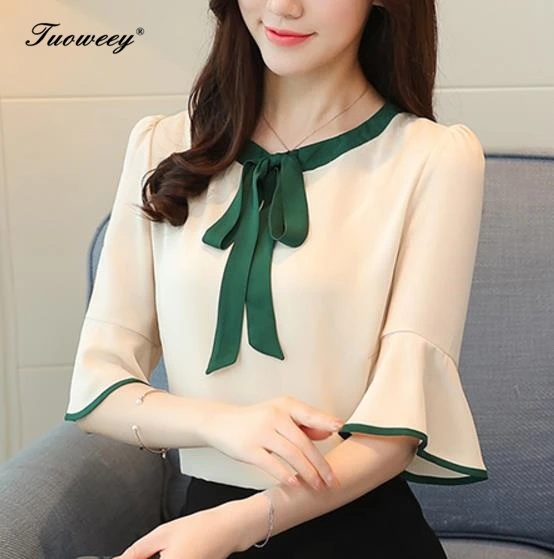 

2019 fashion Summer women tops RED Chiffon Women Blouse Office Lady shirt FLARE Short Sleeve women's clothing blusas