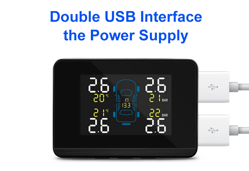 Беспроводной ЖК-дисплей автомобиля TPMS двойной USB зарядка 4 внешних датчика Авто