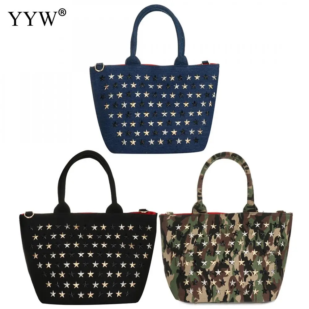 

Punk Stars Rivet Camouflage Printed Canvas Bag Fashion Ladies Big Large Capacity Handbags Totes Women Crossbody Shoulder Bags