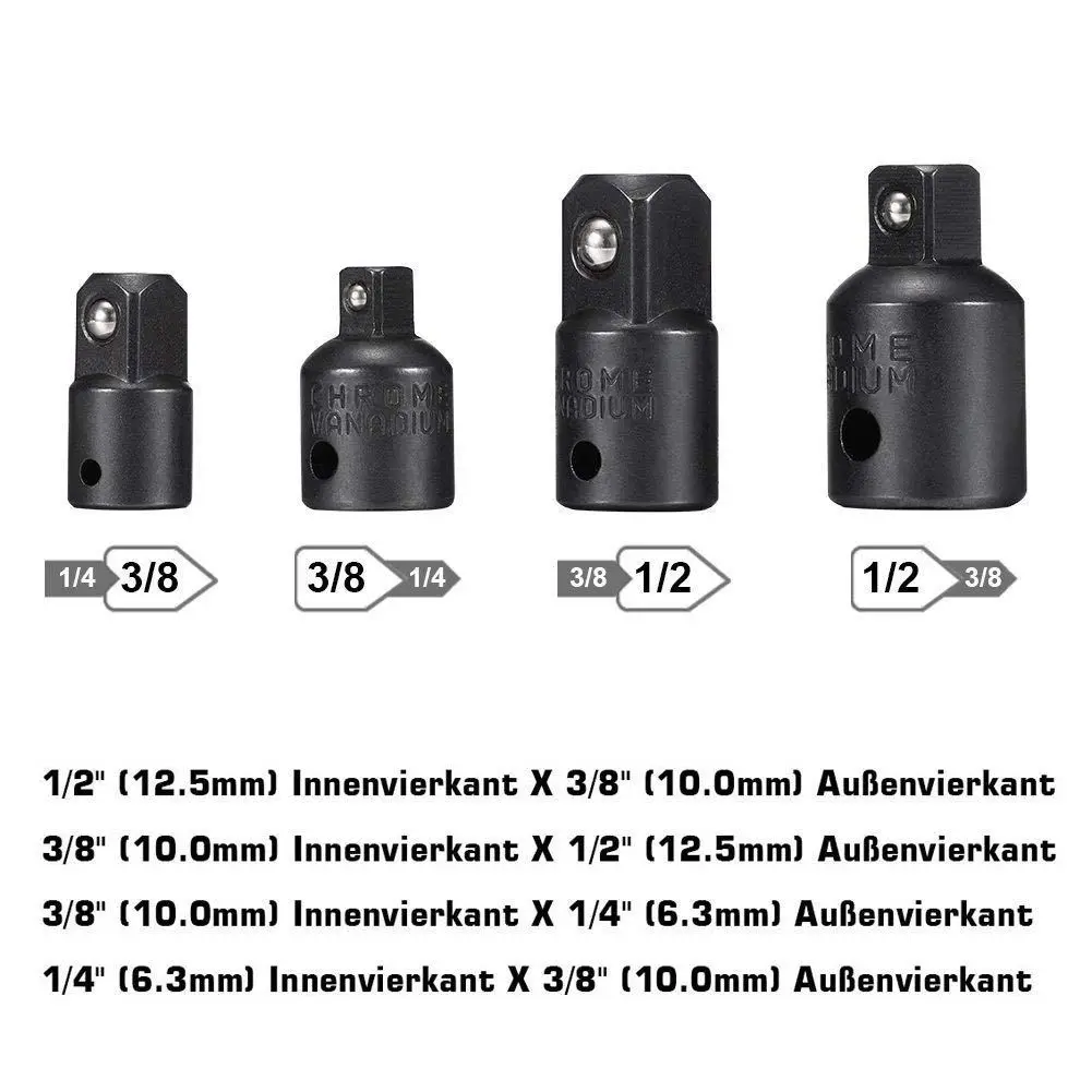 HHO-Impact Adapter and Reducer Set Extension Set Turns Power Drill Into High Speed Nut Driver. 1/4 inch, 3/8 inch, and 1/2 inc