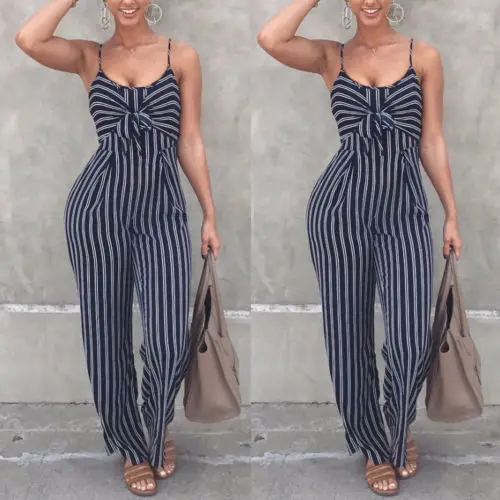 Sexy Women Navy Stripe Short Sleeves Jumpsuit Bodycon Slim Trousers Romper | Женская одежда