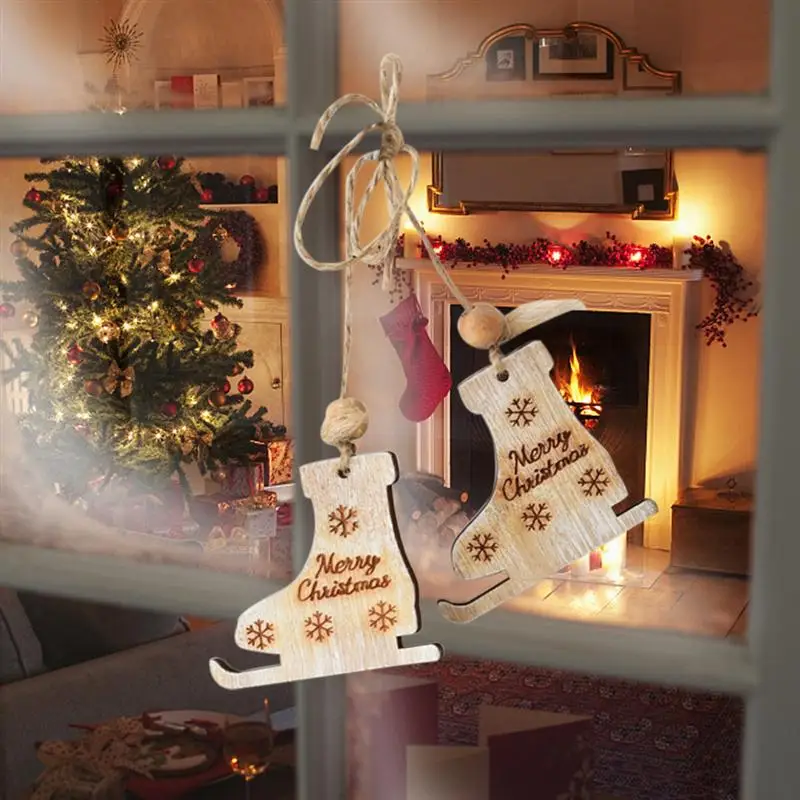 1 Pair Christmas Tree Decor Ice Skates Wood Ornaments Xmas Charms Hanging Pendants Craft Wooden Chips Slices Embellishments | Дом и сад