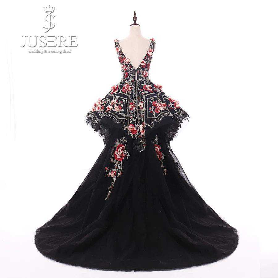JUSERE Black Long Evening Dress 3D Flower Embroidery V-Neck Backless Sweep Train Formal Party Gowns Vestido de festa longo 2019