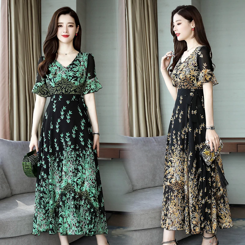 Женское длинное шифоновое платье Boho пляжное с круглым вырезом большие размеры