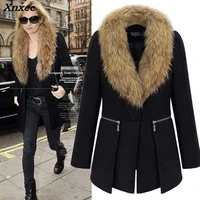 women autumn winter long woolen coat big fur collar slim outerwear female warm woolen windbreaker casual trench coats