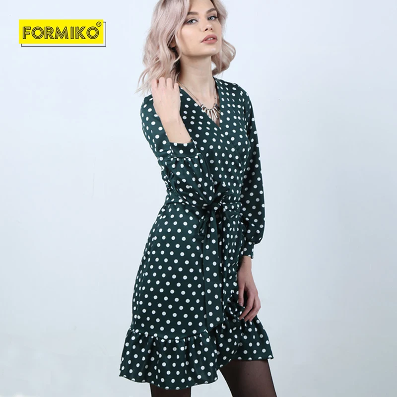 Formiko Женское платье горошину с запахом в зелёной и синей расцветке. Осень зима