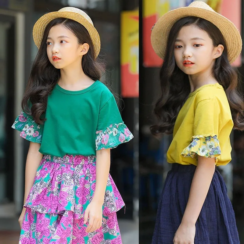 Топы для девочек в стиле пэчворк с цветочным принтом Детские футболки топы