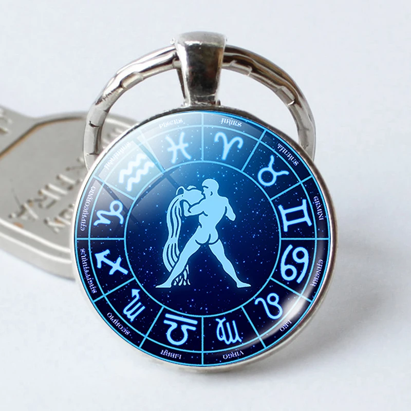 Брелоки для ключей с кулоном из стекла 12 созвездий Водолей рыбы Овен серебряная