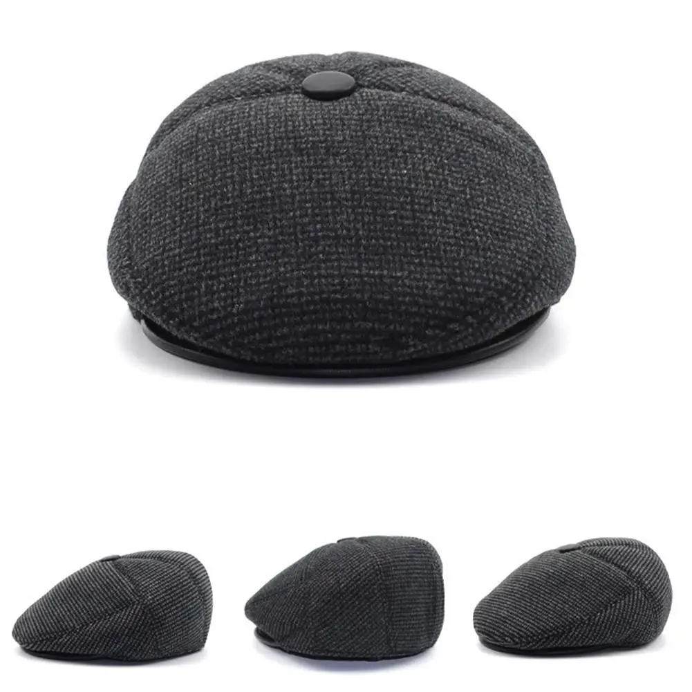 Winter Wool Male Beret Cap Hats With Earflaps Men Vintage Newsboy Tweed Flat Dad Warm Russia Snow Plaid Peaked Boina | Аксессуары для