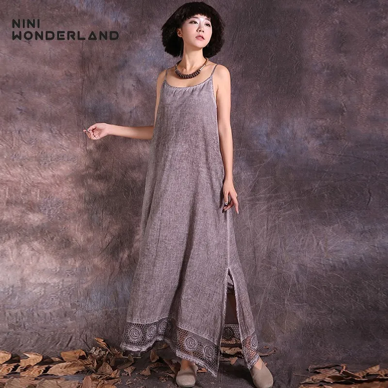 Женское платье без рукавов NINI WONDERLAND винтажное длинное из хлопка и льна лето 2020|dress
