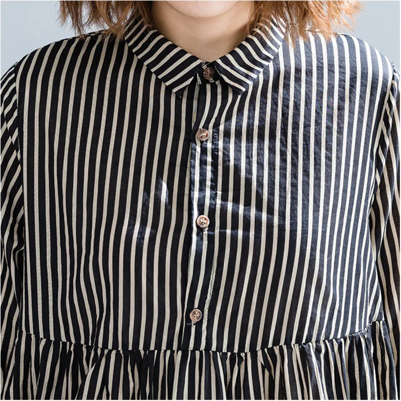 BUYKUD Women Spring Autumn Striped Shirt Casual Long Sleeves Spliced Cotton Turn-down Collar Plus Sized High Waist |