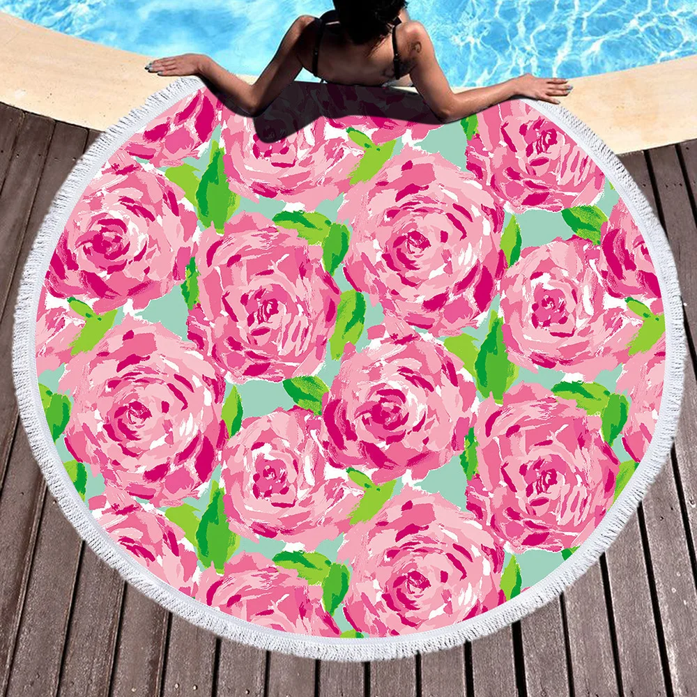 Красный цветок роза напечатаны Sunbathe микрофибра круглое пляжное Полотенце Йога