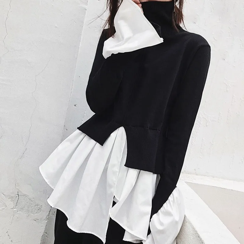 TWOTWINSTYLE Irregular Flare Sleeve Pullover Top Female Turtleneck Patchwork Knitting Sweater Women Korean Fashion 2019 Autumn | Женская