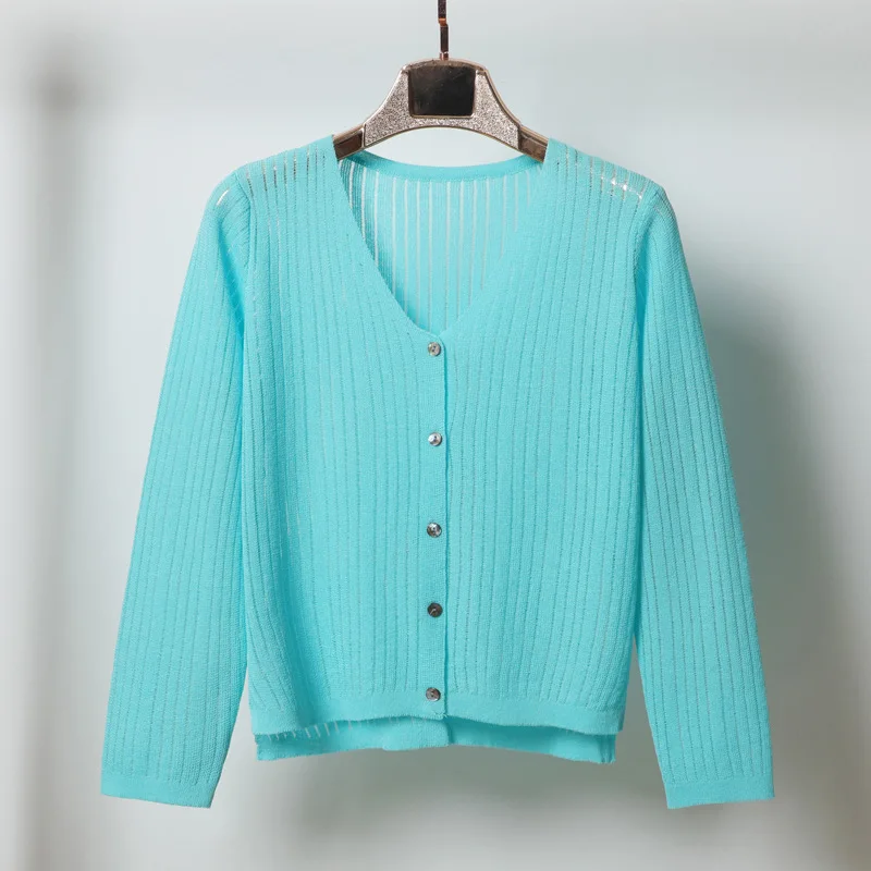 

2021 Spring Summer Short Cardigan Solid Thin V neck Long Sleeve Stripe Knitted Cardigan Women Open Stitch Coat Blue Pink Yellow