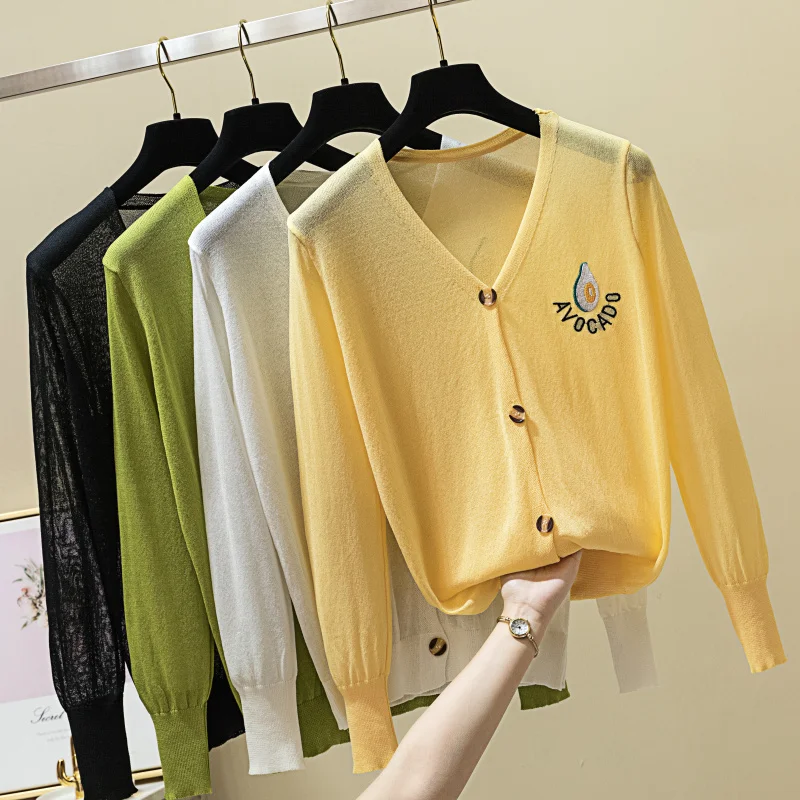 

Thin Korean Style Women Summer Cardigan Casual V-Neck Single Breasted Knitted Cardigans Embroidery Long Sleeve Knitwear mujer