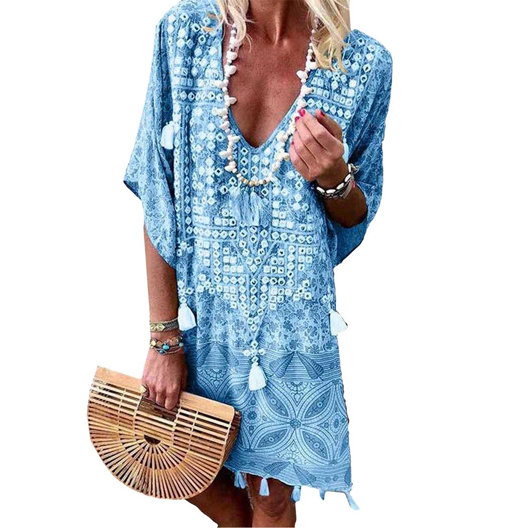 Женское пляжное платье с v образным вырезом шифоновое винтажное и коротким