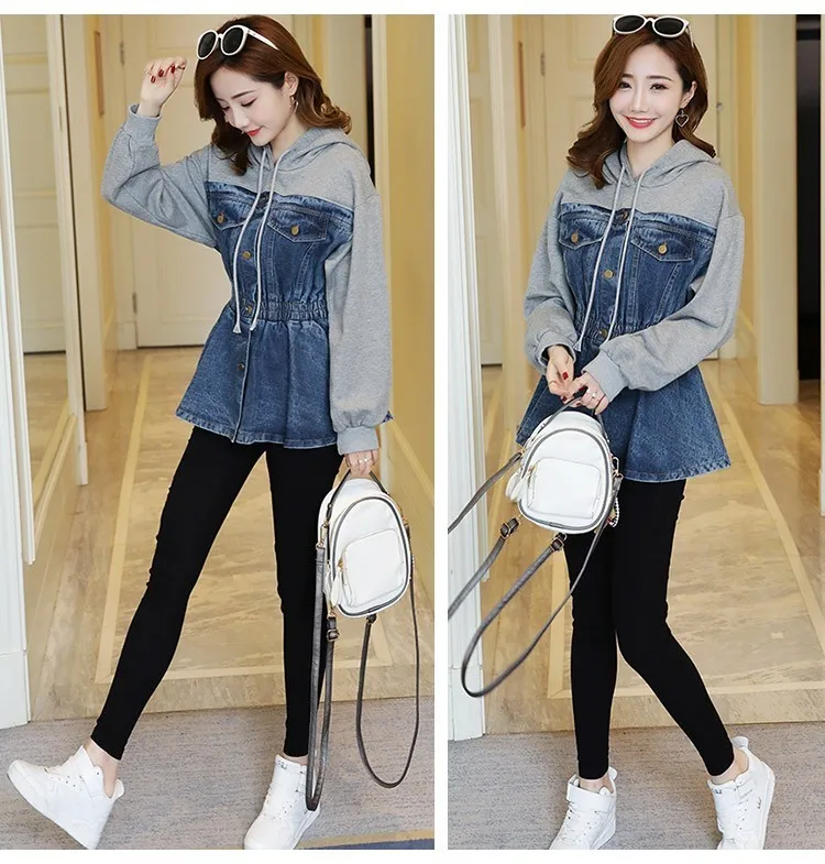 CHICEVER Spring Patchwork Denim Jacket For Women Hooded Long Sleeve High Waist Slim Women's Jackets Fashion Casual Clothes New | Женская
