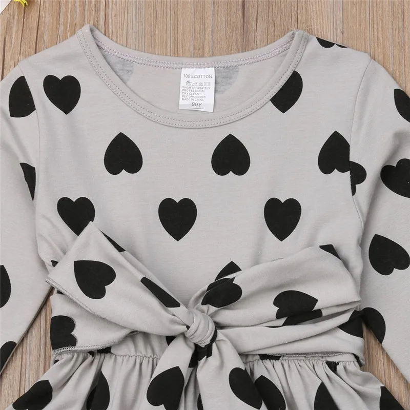 Pretty Kids Girls Heart-Shaped Print Dress Long Sleeve High Waist Bowknot Belt Girl Cotton Pleated Party 1-7Y | Детская одежда и