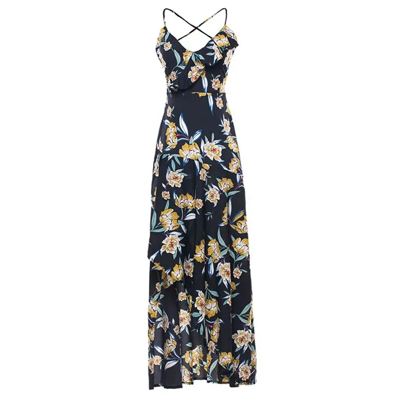 Boho Макси платье женское желтое шикарное модное уличное пляжное с рюшами и