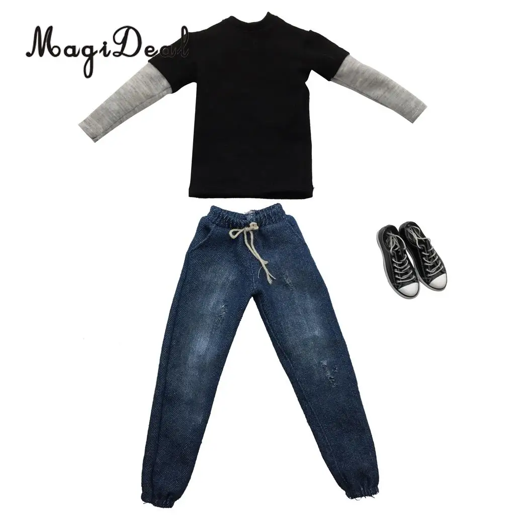 MagiDeal Cloth 1/6 Scale мужская одежда темно серая длинная футболка джинсы парусиновая