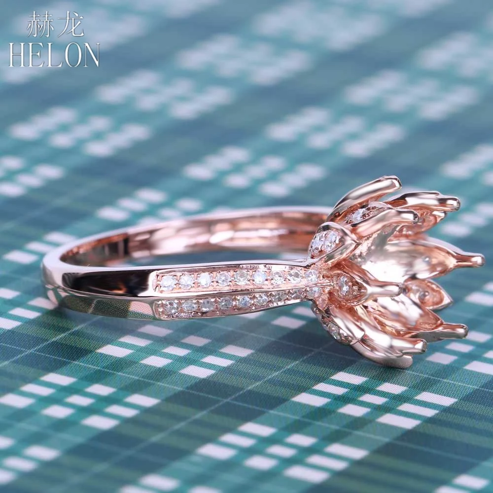 

HELON Solid 14k Rose Gold Brilliant 0.4ct Natural Diamonds Lotus Flower Engagement Fine Jewelry Semi Mount Ring Fit Round 8-9mm