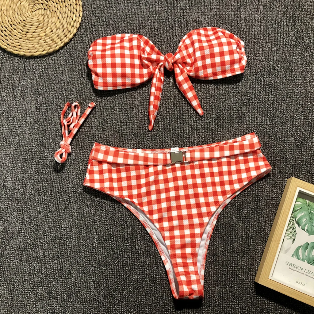 Женский купальник бандо с высокой талией Раздельный однотонной подкладкой maillot de