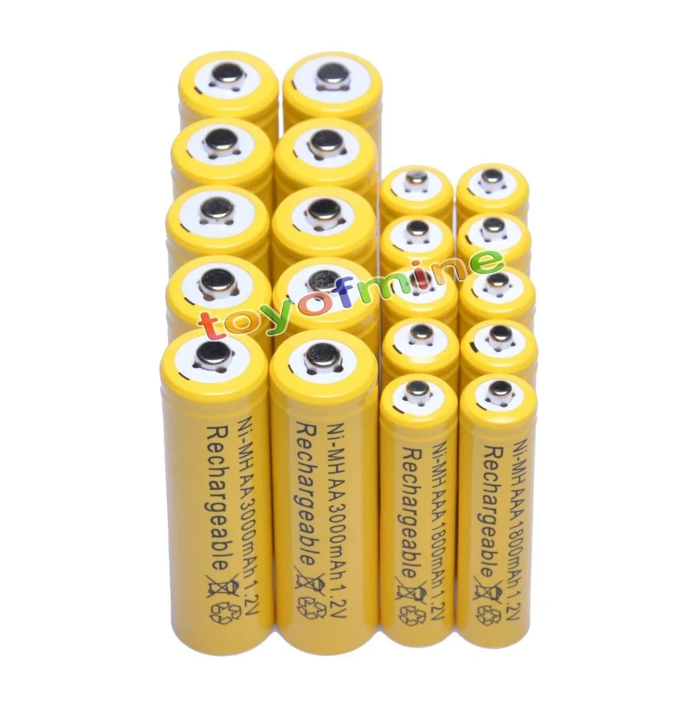 10 шт AA 3000mAh+ 10 шт AAA 1800mAh 1,2 V Ni-MH аккумуляторная батарея желтого цвета