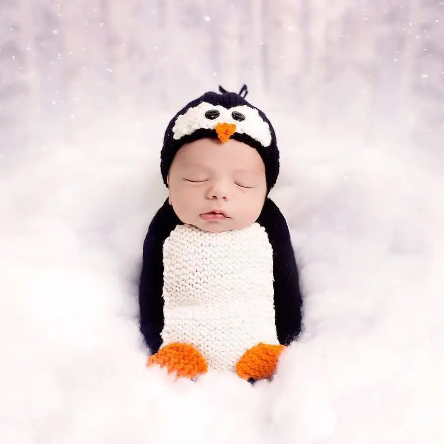 Newborn Photography Clothing Cute Penguin Hat+Sleeping Bag Set Studio Baby Photo Props Accessories Crochet Knitting Costume