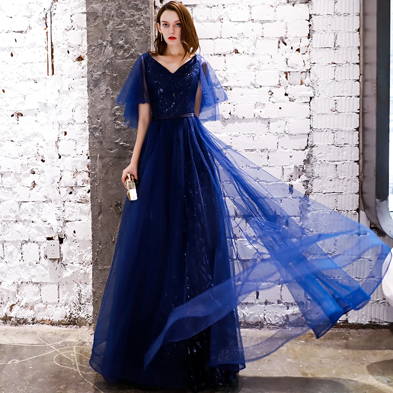 SSYFashion/Новое темно-синее вечернее платье De Soiree простое с v-образным вырезом в пол