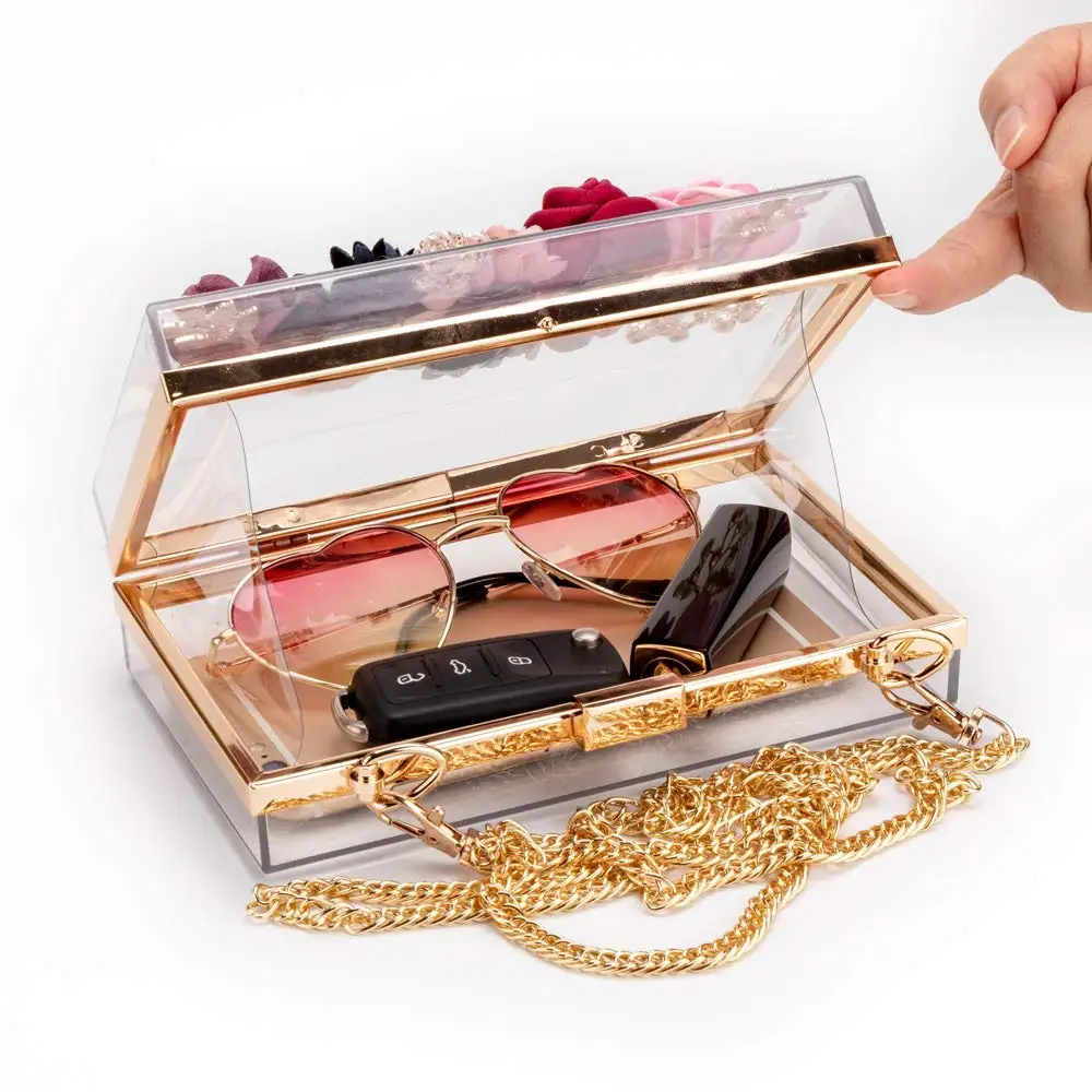 Женский клатч из ПВХ + ткани с цветами кошелек и золотыми цепочками жемчужинами