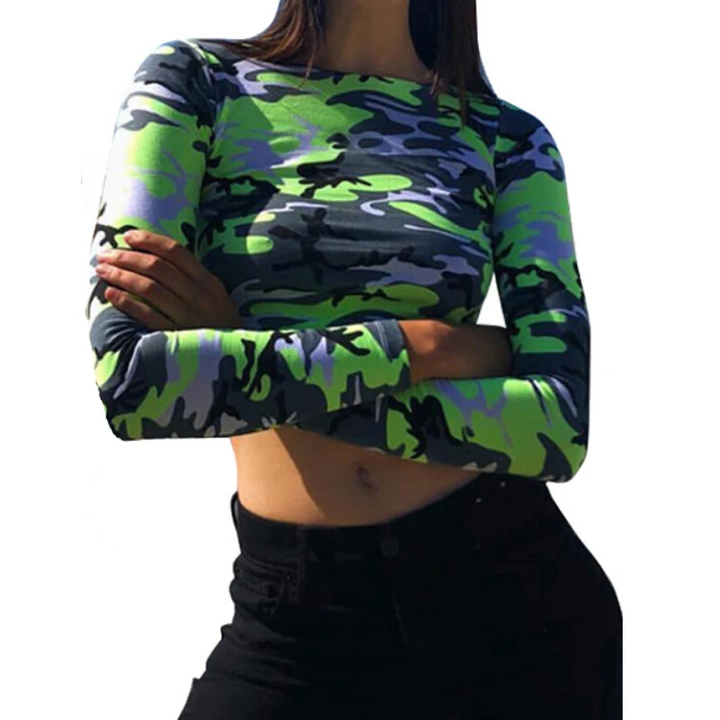 Сексуальный укороченный Топ для женщин Camoflage с длинным рукавом Slim Fit Футболка в
