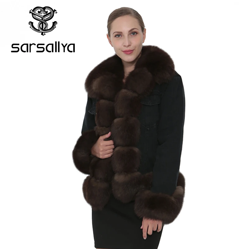 SARSALLYA Натуральный Реальный лисий мех джинсовая куртка Для женщин пальто парка