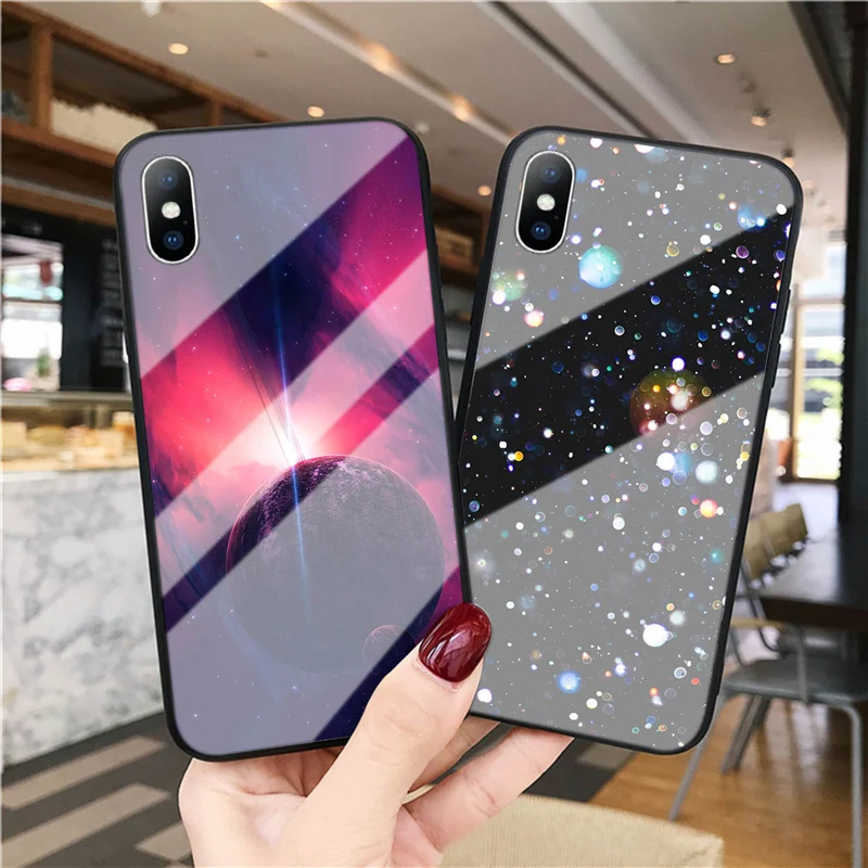 Lovebay Glass Phone Case For iPhone 6 6s 7 8 Plus X XR XS Max Fashion Dream Starry Sky Planet Full Cover |