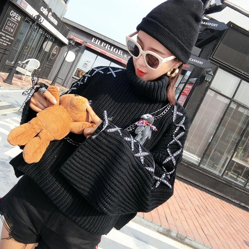 Qing Mo 2018 Autumn And Winter Female Fashion Doll Bear Tie Sweater High Collar Loose Hood Long-sleeved Knit WY007 | Женская одежда