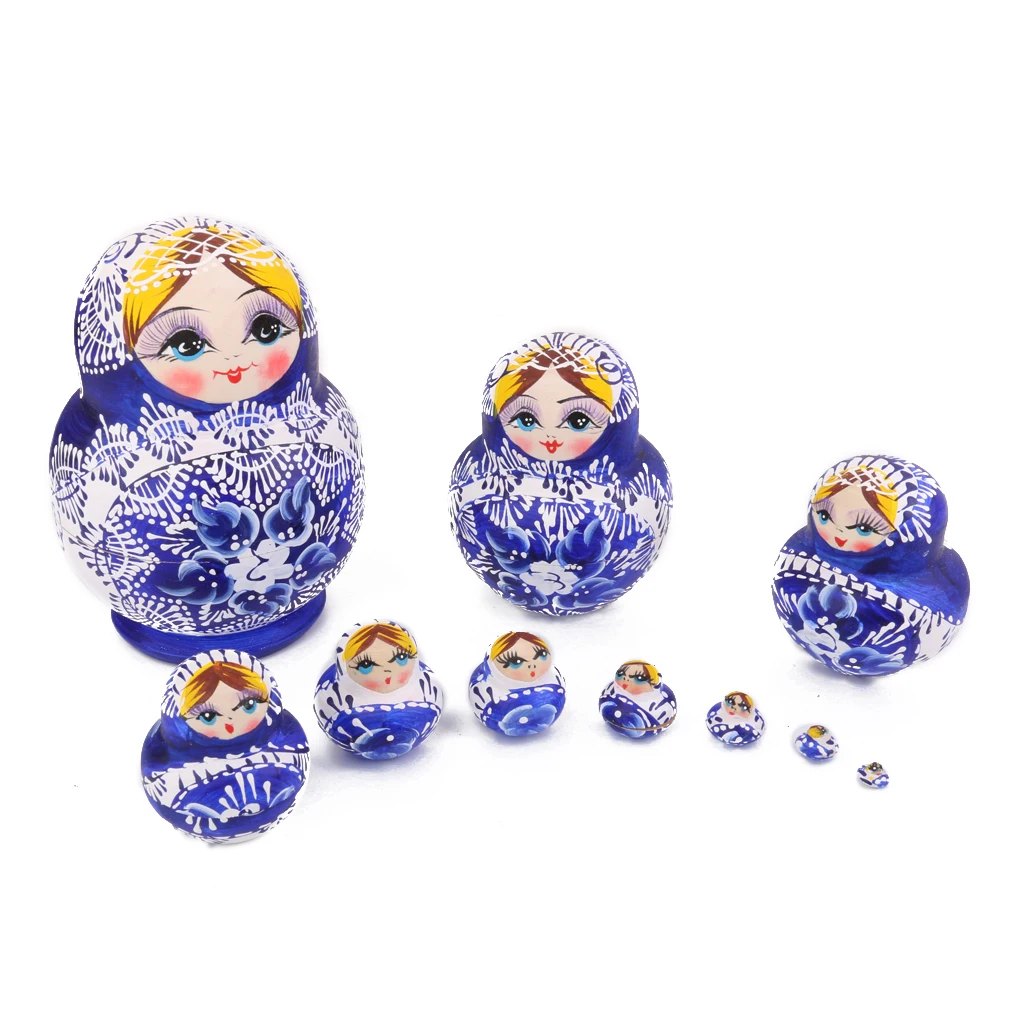 

10Pcs Vintage Hand Painted Flower Wooden Russian Nesting Matryoshka Dolls