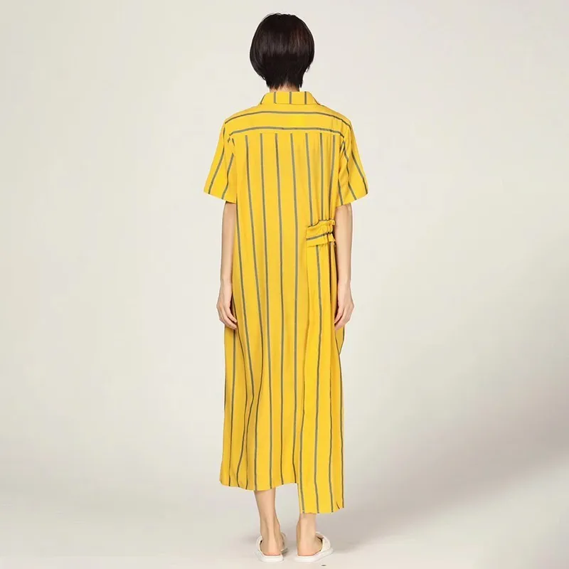 

CHICEVER Summer Casual Striped Print Women Dress Lapel Button Short Sleeve Patchwork Draped High Waist A-line Mid Calf Dresses