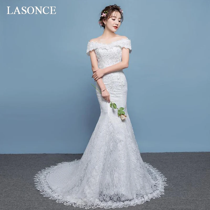 

LASONCE V Neck Lace Appliques Sweep Train Mermaid Wedding Dresses Off The Shoulder Short Sleeve Backless Bridal Gowns