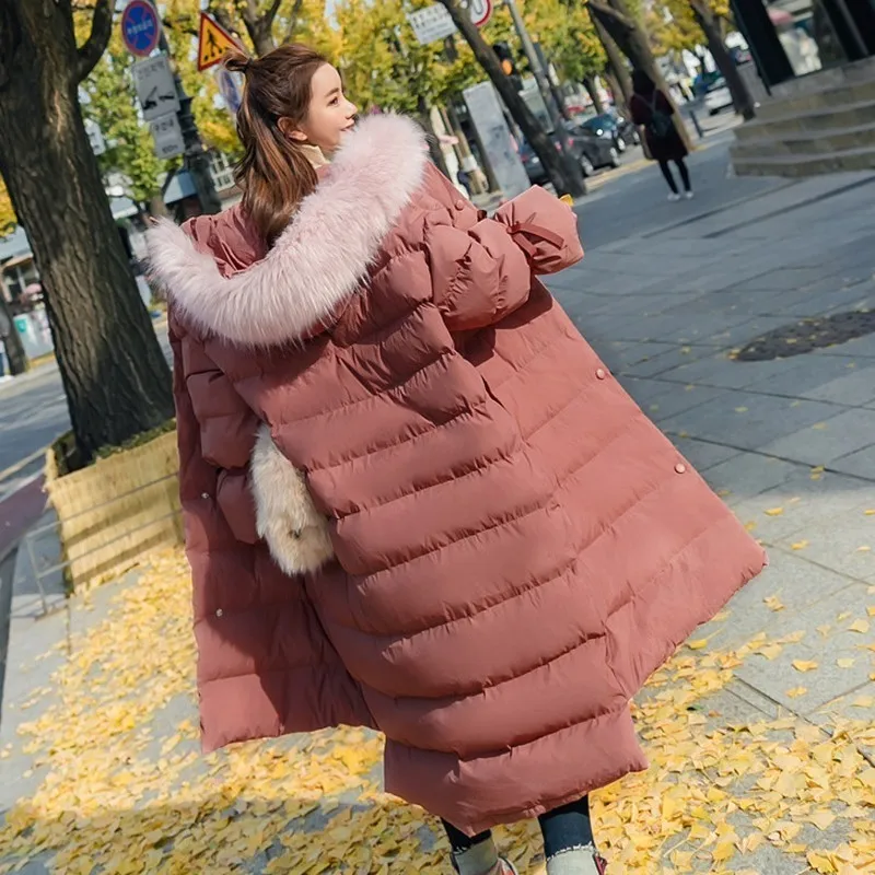 Fashion Bow Warm Down Cotton Jacket 2019 New Women Winter Solid Color Coat Temperament Thicken Big Fur Collar Hooded Outerwear | Женская