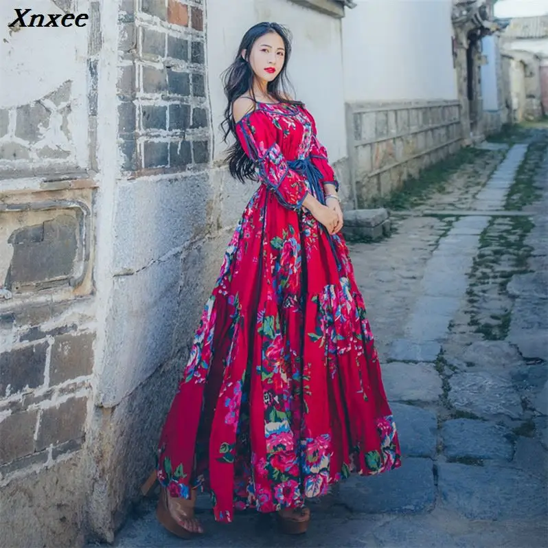 Xnxee, винтажное, этническое, бохо, большое, свободное, женское, праздничное, длинное платье, лето, красное, с цветочным принтом, элегантное, Ретро стиль, макси, вечерние платья