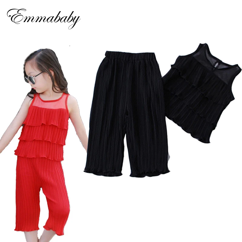 Emmababy Мода 2 шт. комплекты для маленьких девочек шифон Укороченные топы с оборками
