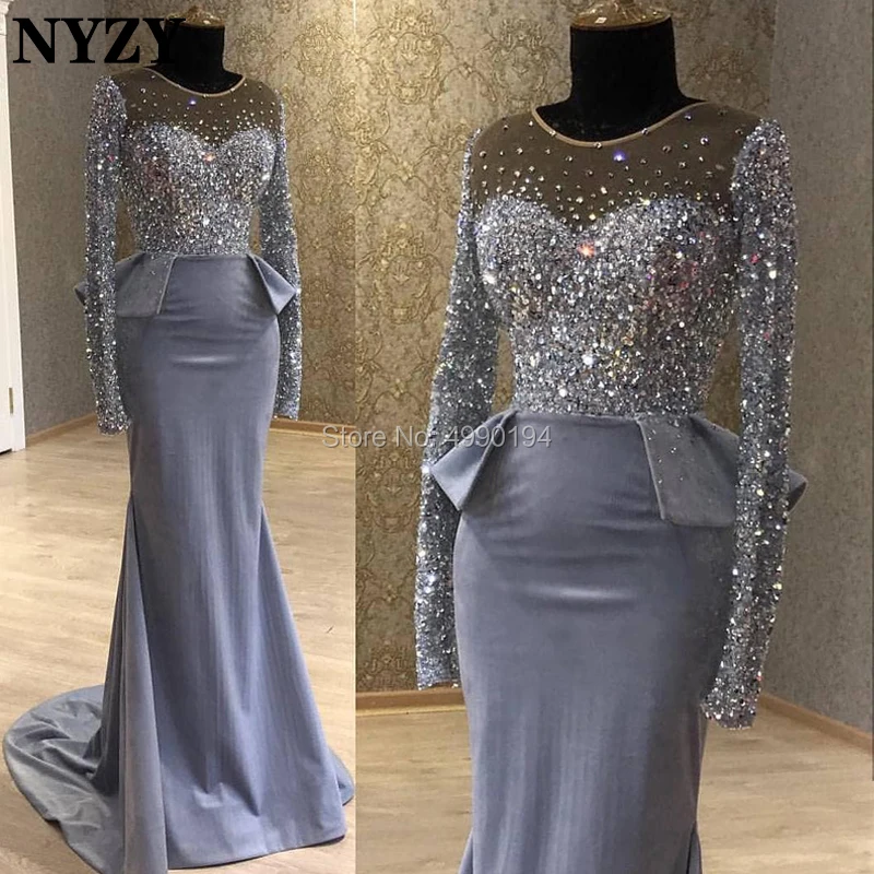 

NYZY E57 Luxury Evening Dress Crystal Dress Long Sleeves Mermaid Gray Formal Dress Party robes de soiree longue 2019