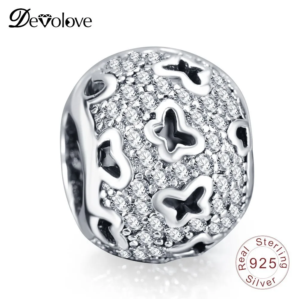 Devolove Винтаж 925 пробы бабочки Шарм с прозрачными фианитами Бусины Fit Pandora браслет