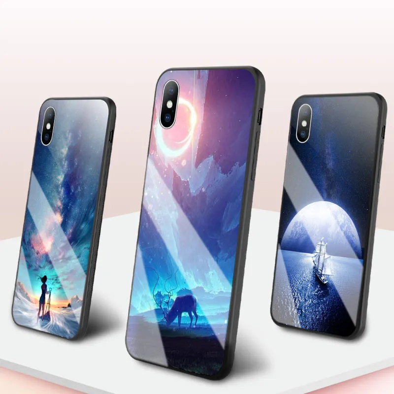 USLION Tempered Glass Back Case for iPhone XR XS Max X 8 Plus Starry Sky Stars Phone Cases 7 6 6s Hard Cover |