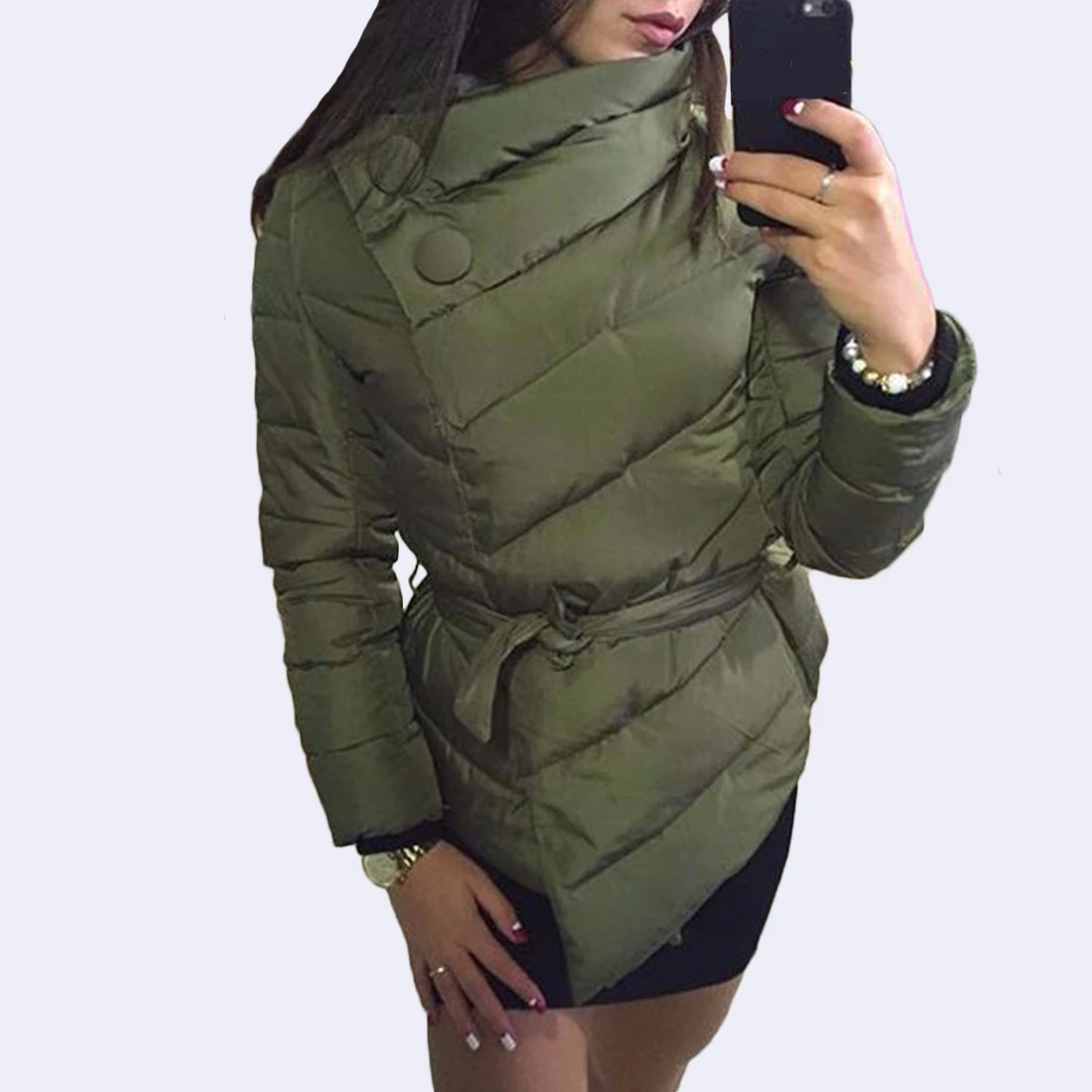 Пальто с высоким воротом и поясом Теплая стеганая куртка зимняя однобортная