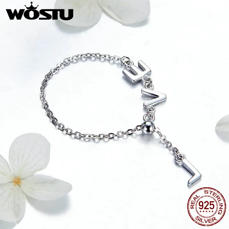 WOSTU, 925 пробы, серебряные, сверкающие, любовные буквы, регулируемые кольца, звенья цепи, палец для женщин, свадьба, любовь, подарок, ювелирные изделия CQR499